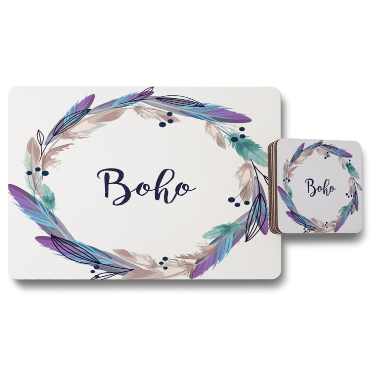 Ebern Designs Wreath Feathers 12 Piece Cork Placemat and Coaster Set